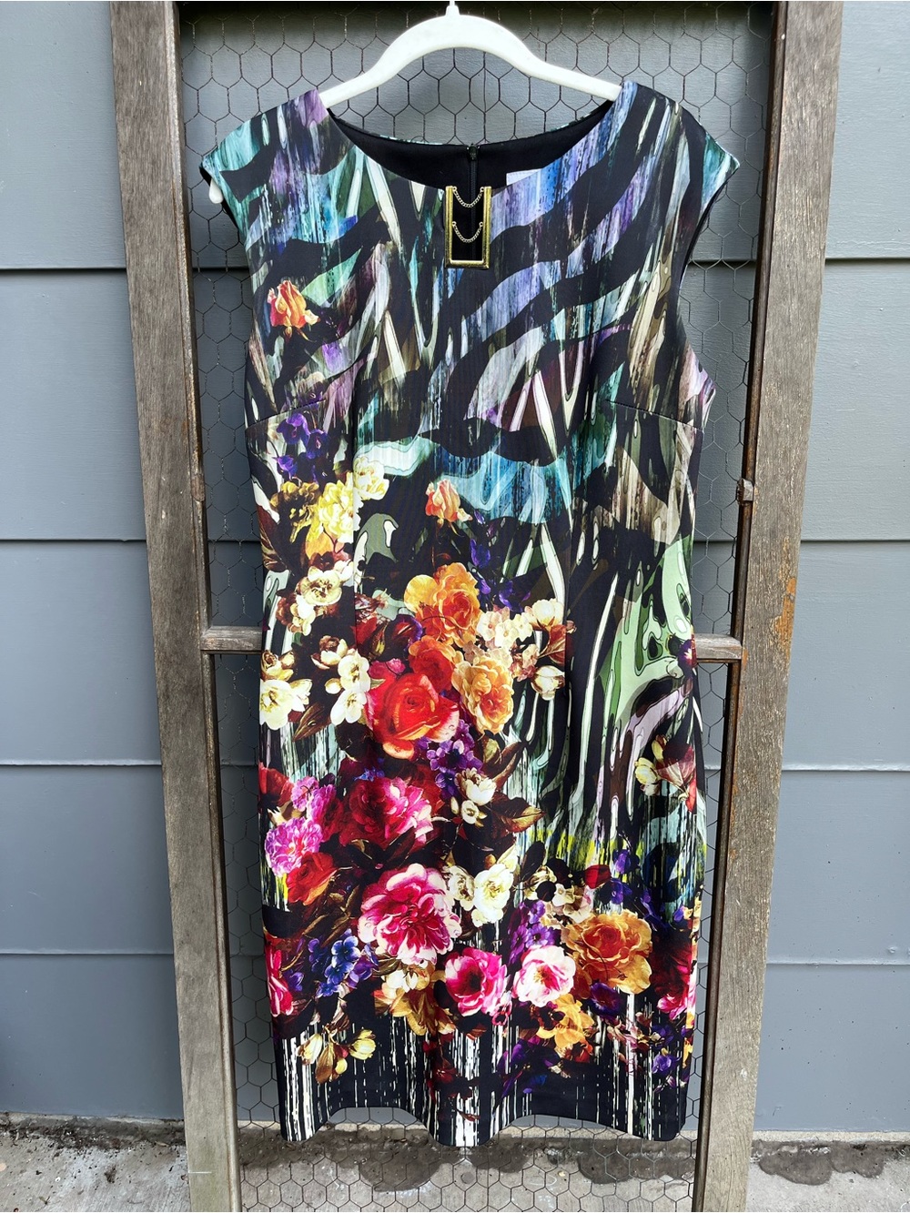Joseph Ribkoff Floral Sleeveless Shift Dress Gold Embellishment Neckline Sz 12